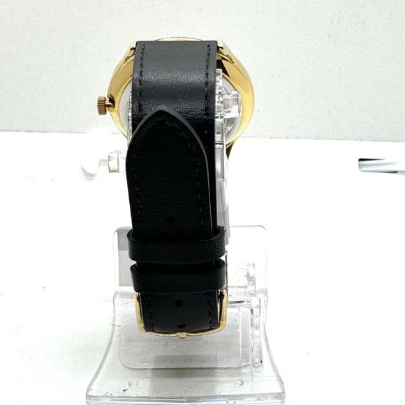 NEW TIMEX MENS GOLD LARGE 40 MM EASY READER ROUND WATCH ON BLACK LEATHER STRAP - Picture 5 of 6